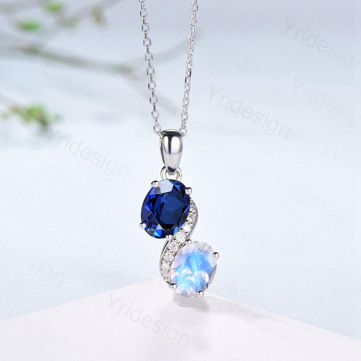 Vintage Oval Blue Sapphire Moonstone Snake Pendant Necklace, Art Deco Promise Gift - PENFINE
