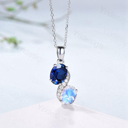 Vintage Oval Blue Sapphire Moonstone Snake Pendant Necklace, Art Deco Promise Gift - PENFINE