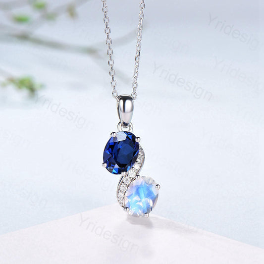 Vintage Oval Blue Sapphire Moonstone Snake Pendant Necklace, Art Deco Promise Gift - PENFINE