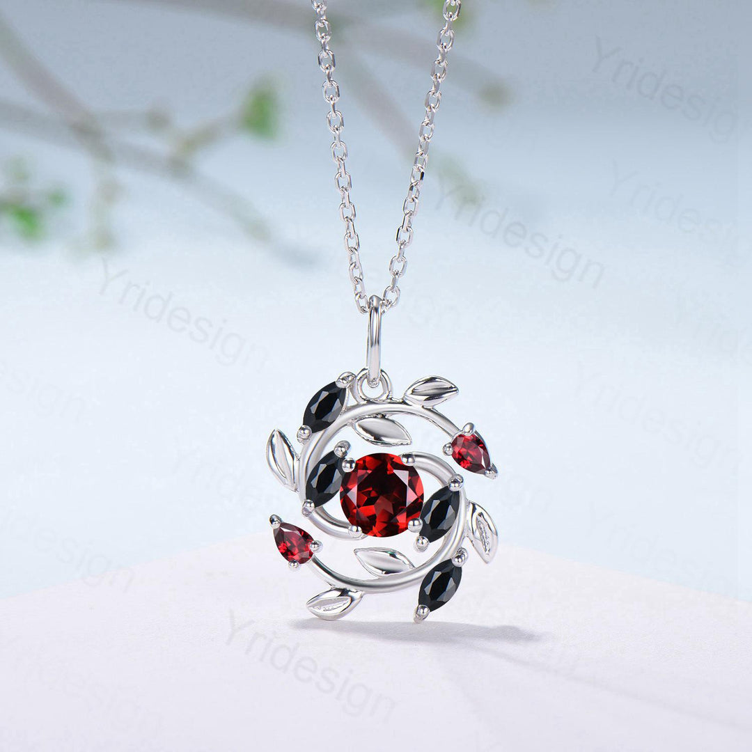 5mm Round Nature Inspired Garnet Necklace Unique Black Spinel Necklace Flower Wreath Pendant Snowflake Anniversary gift women - PENFINE