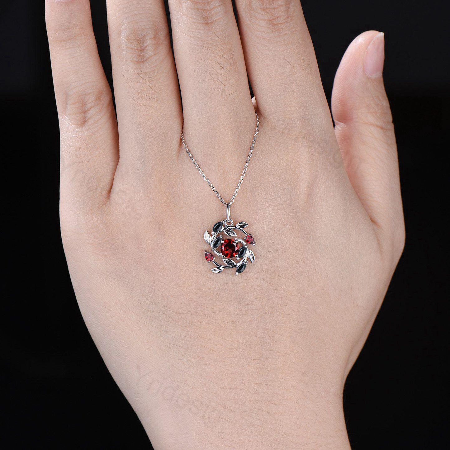 5mm Round Nature Inspired Garnet Necklace Unique Black Spinel Necklace Flower Wreath Pendant Snowflake Anniversary gift women - PENFINE