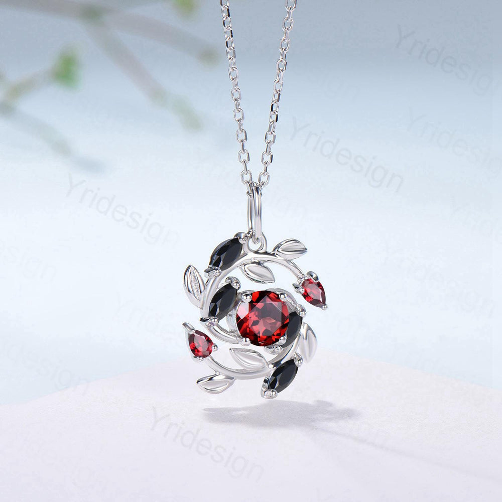 5mm Round Nature Inspired Garnet Necklace Unique Black Spinel Necklace Flower Wreath Pendant Snowflake Anniversary gift women - PENFINE