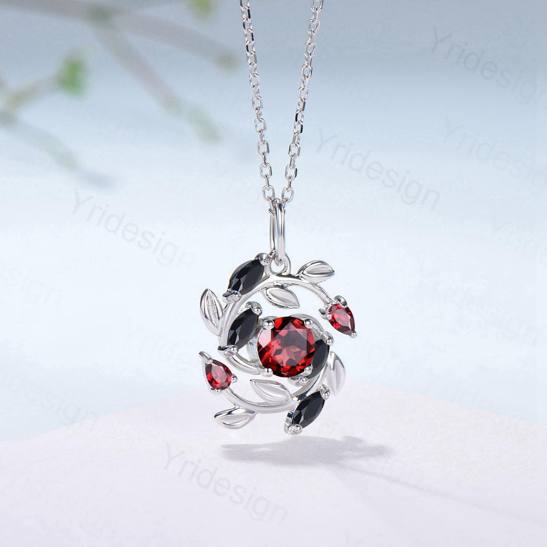 5mm Round Nature Inspired Garnet Necklace Unique Black Spinel Necklace Flower Wreath Pendant Snowflake Anniversary gift women - PENFINE