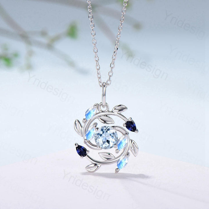 Elegant Aquamarine Necklace Pendant Blue Marquise Moonstone & Blue Sapphire, Vintage Style, Nature Inspired - PENFINE