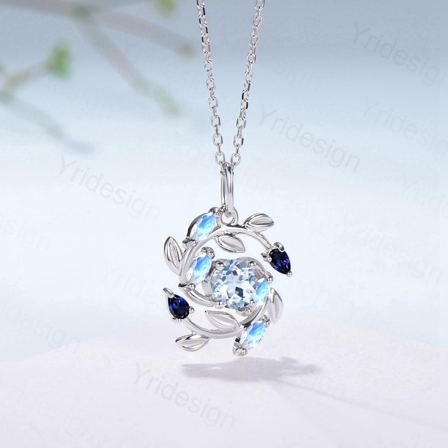 Elegant Aquamarine Necklace Pendant Blue Marquise Moonstone & Blue Sapphire, Vintage Style, Nature Inspired - PENFINE