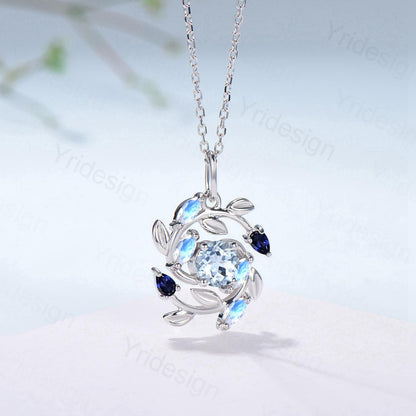 Elegant Aquamarine Necklace Pendant Blue Marquise Moonstone & Blue Sapphire, Vintage Style, Nature Inspired - PENFINE