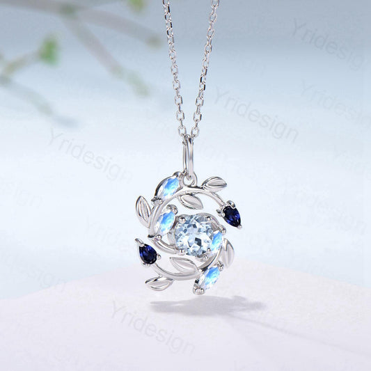 Elegant Aquamarine Necklace Pendant Blue Marquise Moonstone & Blue Sapphire, Vintage Style, Nature Inspired - PENFINE