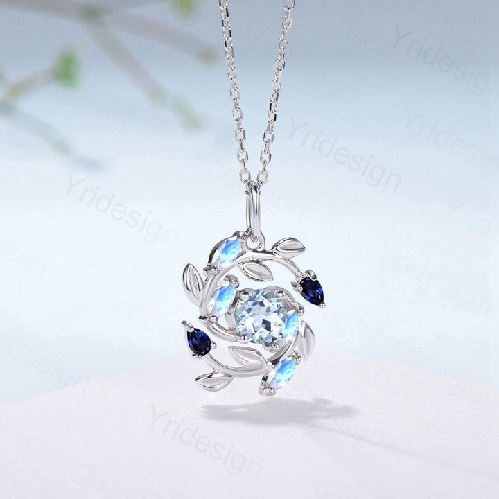 Elegant Aquamarine Necklace Pendant Blue Marquise Moonstone & Blue Sapphire, Vintage Style, Nature Inspired - PENFINE