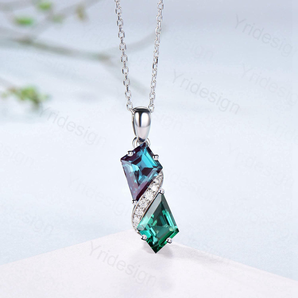 Two-Tone Kite Cut Alexandrite and Emerald Necklace Pendant | White Gold Moissanite Accent Snake Necklace - PENFINE
