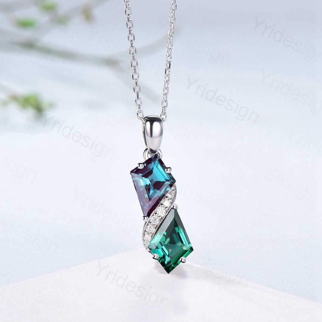 Two-Tone Kite Cut Alexandrite and Emerald Necklace Pendant | White Gold Moissanite Accent Snake Necklace - PENFINE