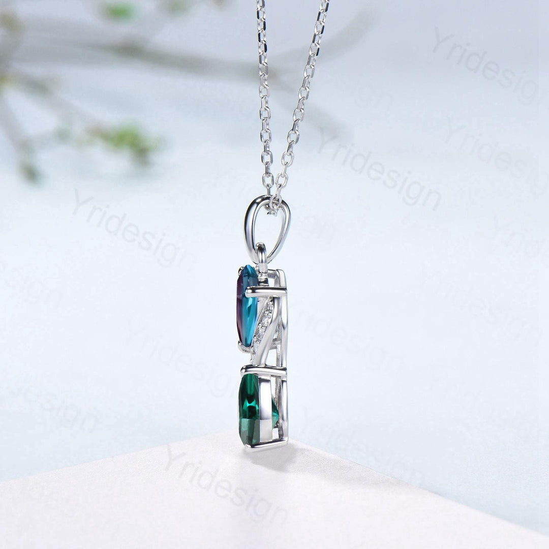 Two-Tone Kite Cut Alexandrite and Emerald Necklace Pendant | White Gold Moissanite Accent Snake Necklace - PENFINE