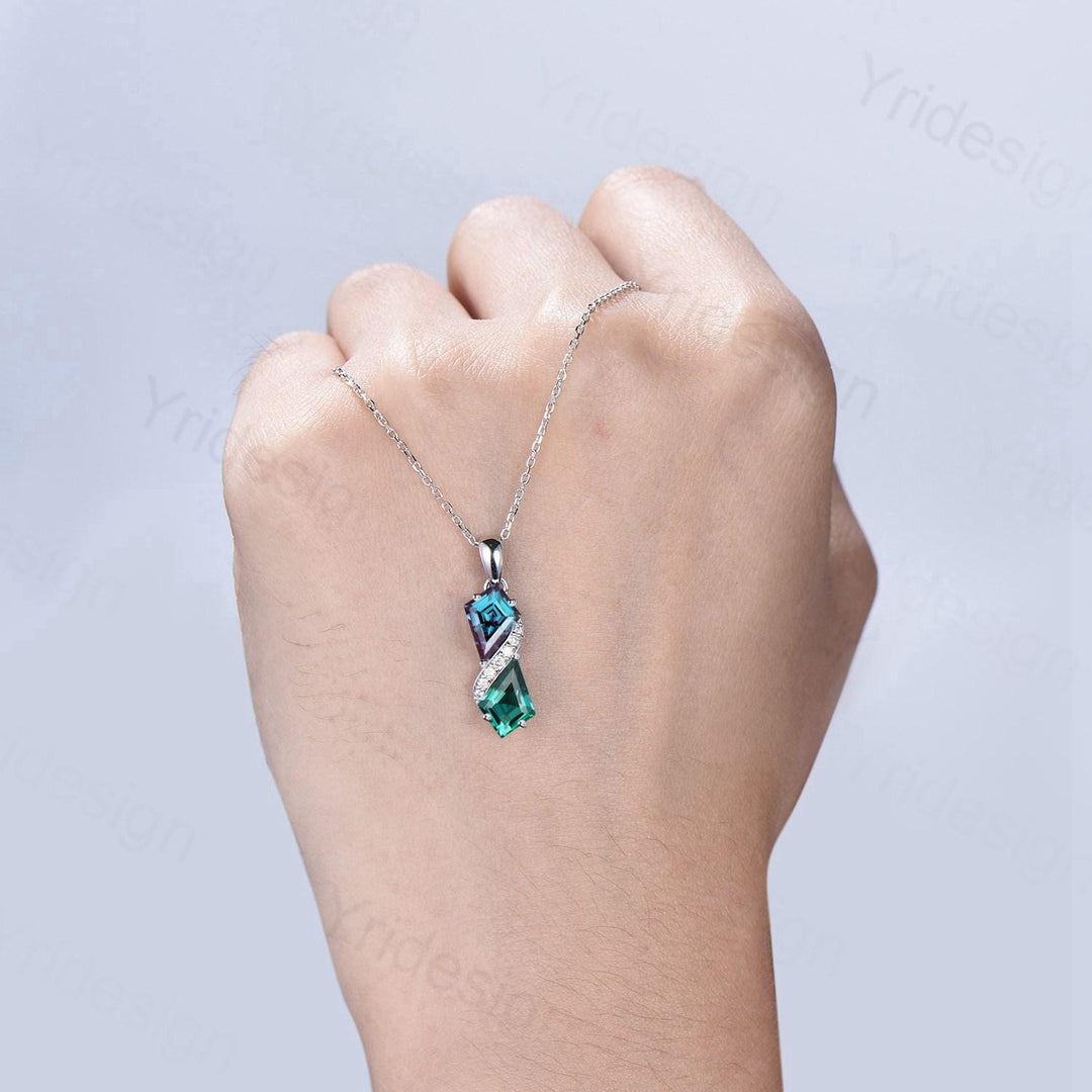 Two-Tone Kite Cut Alexandrite and Emerald Necklace Pendant | White Gold Moissanite Accent Snake Necklace - PENFINE