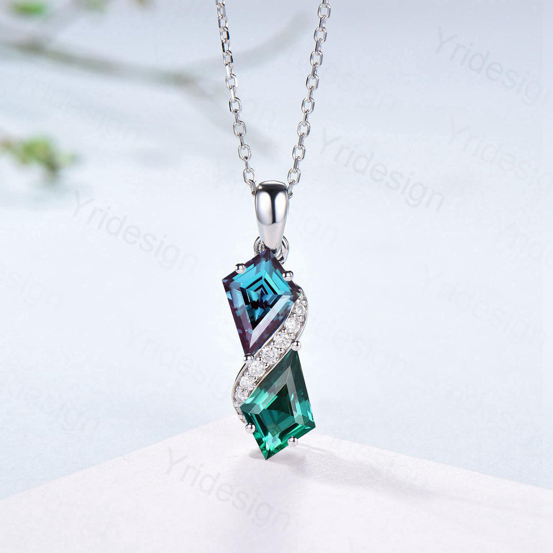 Two-Tone Kite Cut Alexandrite and Emerald Necklace Pendant | White Gold Moissanite Accent Snake Necklace - PENFINE
