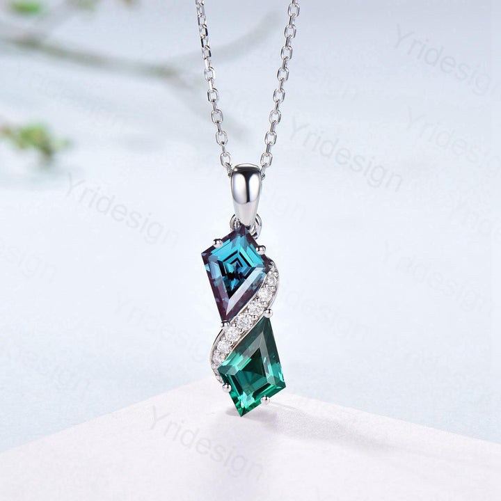 Two-Tone Kite Cut Alexandrite and Emerald Necklace Pendant | White Gold Moissanite Accent Snake Necklace - PENFINE