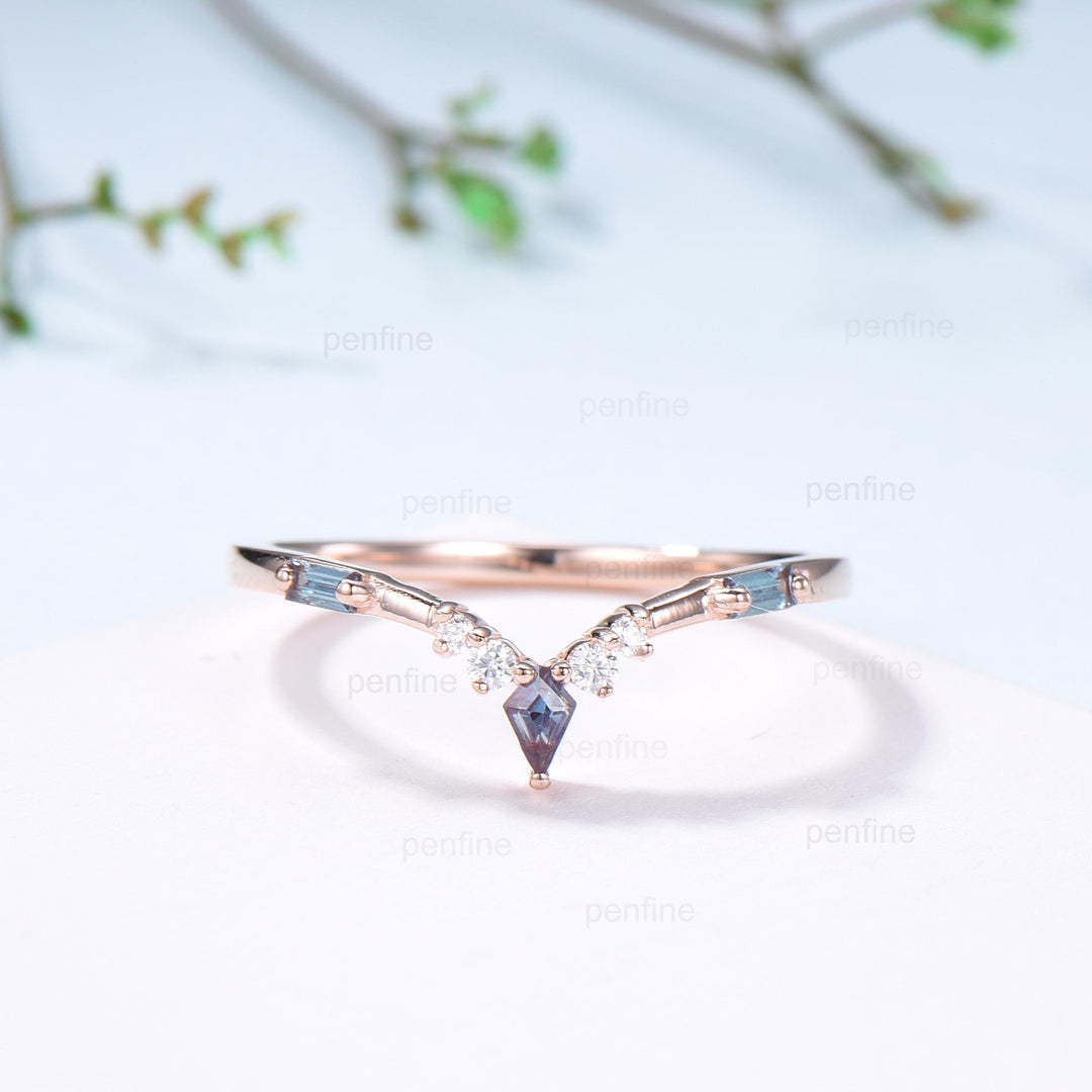 Curved Kite and Baguette Cut Alexandrite Wedding Band, Rose Gold Cluster Moissanite Ring - PENFINE