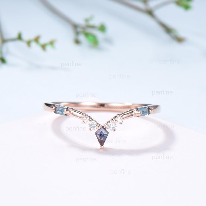 Curved Kite and Baguette Cut Alexandrite Wedding Band, Rose Gold Cluster Moissanite Ring - PENFINE