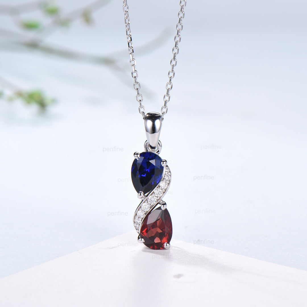 Sapphire Garnet Snake Pendant Necklace, Moissanite Diamond Accent, 14K White Gold - PENFINE