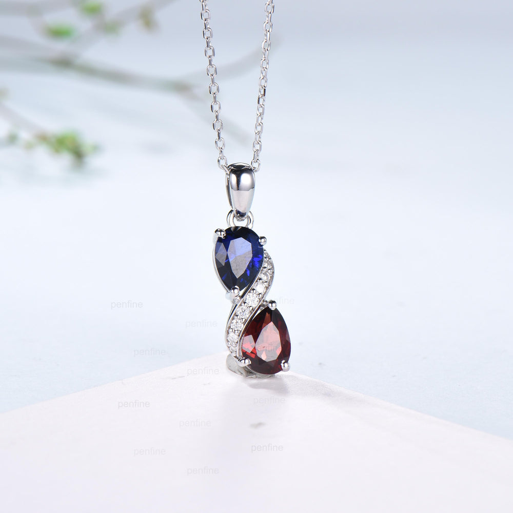 Sapphire Garnet Snake Pendant Necklace, Moissanite Diamond Accent, 14K White Gold - PENFINE