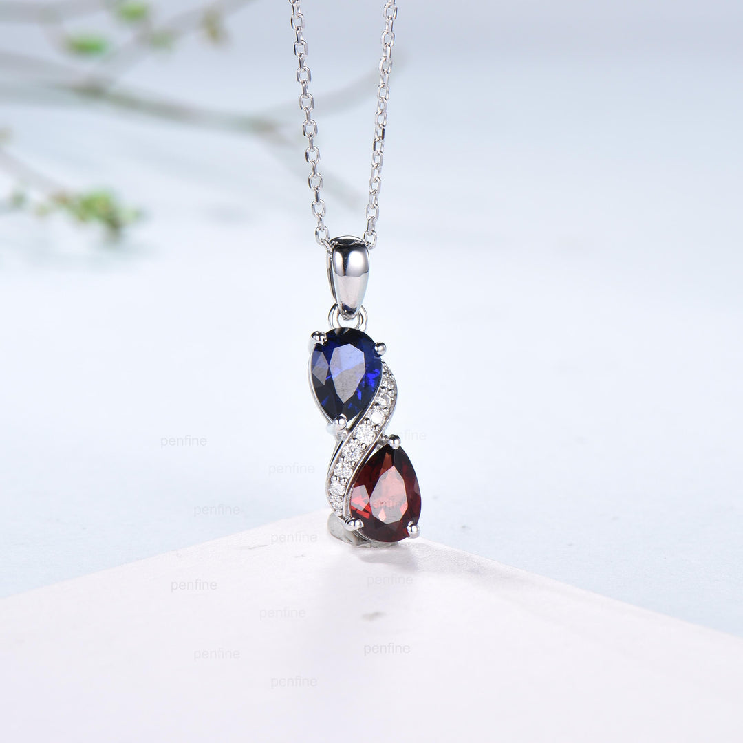 Sapphire Garnet Snake Pendant Necklace, Moissanite Diamond Accent, 14K White Gold - PENFINE
