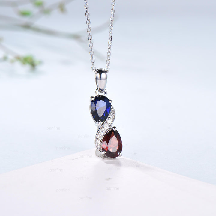 Sapphire Garnet Snake Pendant Necklace, Moissanite Diamond Accent, 14K White Gold - PENFINE