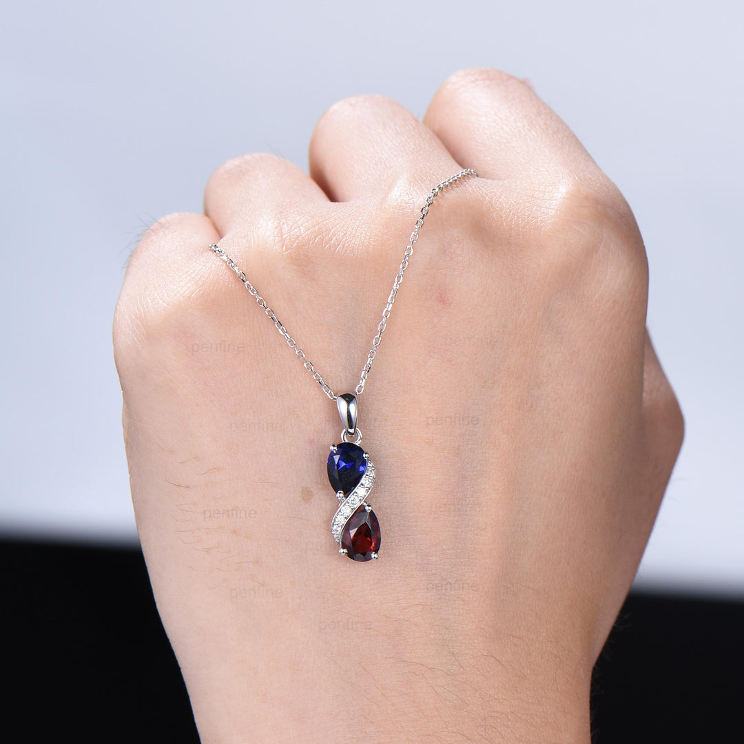 Sapphire Garnet Snake Pendant Necklace, Moissanite Diamond Accent, 14K White Gold - PENFINE