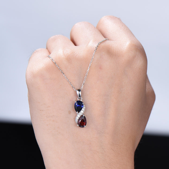 Sapphire Garnet Snake Pendant Necklace, Moissanite Diamond Accent, 14K White Gold - PENFINE