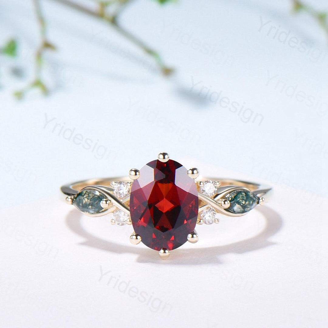 Vintage Oval Garnet Engagement Ring Set, Accent Marquise Moss Agate Yellow Gold Bridal Ring - PENFINE