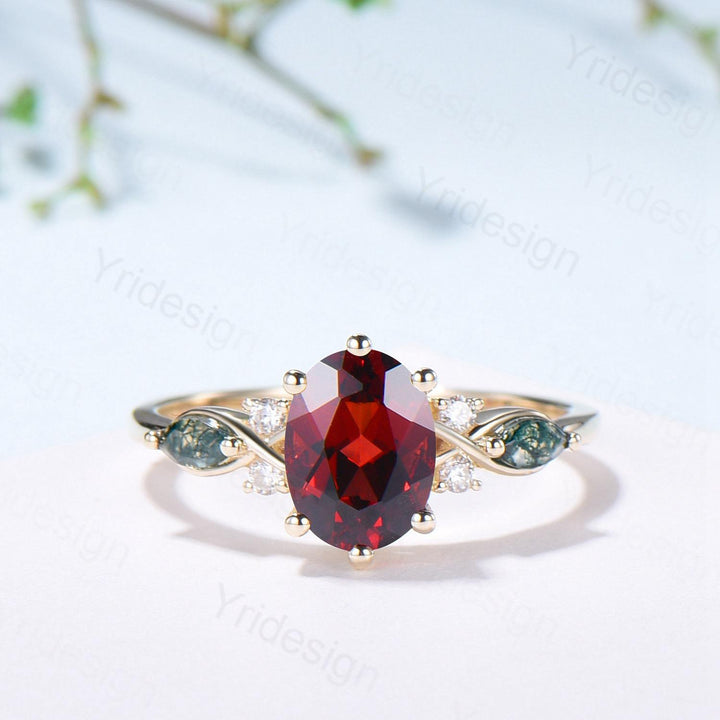 Vintage Oval Garnet Engagement Ring Set, Accent Marquise Moss Agate Yellow Gold Bridal Ring - PENFINE