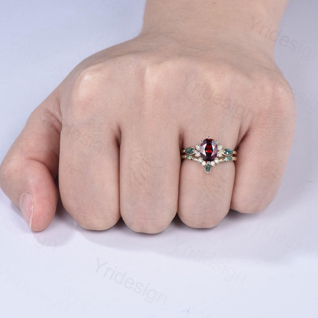 Vintage Oval Garnet Engagement Ring Set, Accent Marquise Moss Agate Yellow Gold Bridal Ring - PENFINE