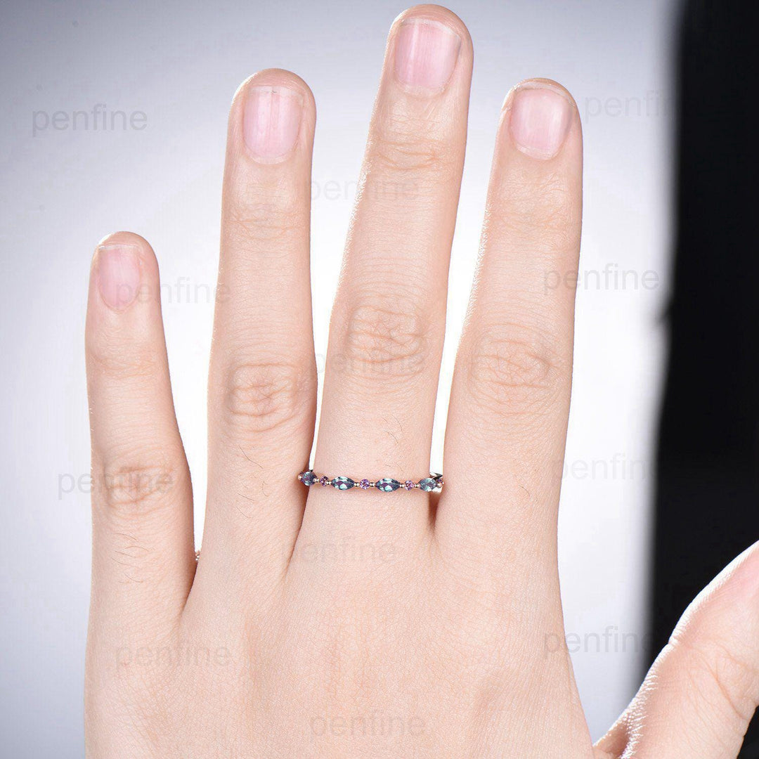 Garnet Black Spinel Eternity Wedding Band, Rose Gold Art Deco Anniversary Ring - PENFINE