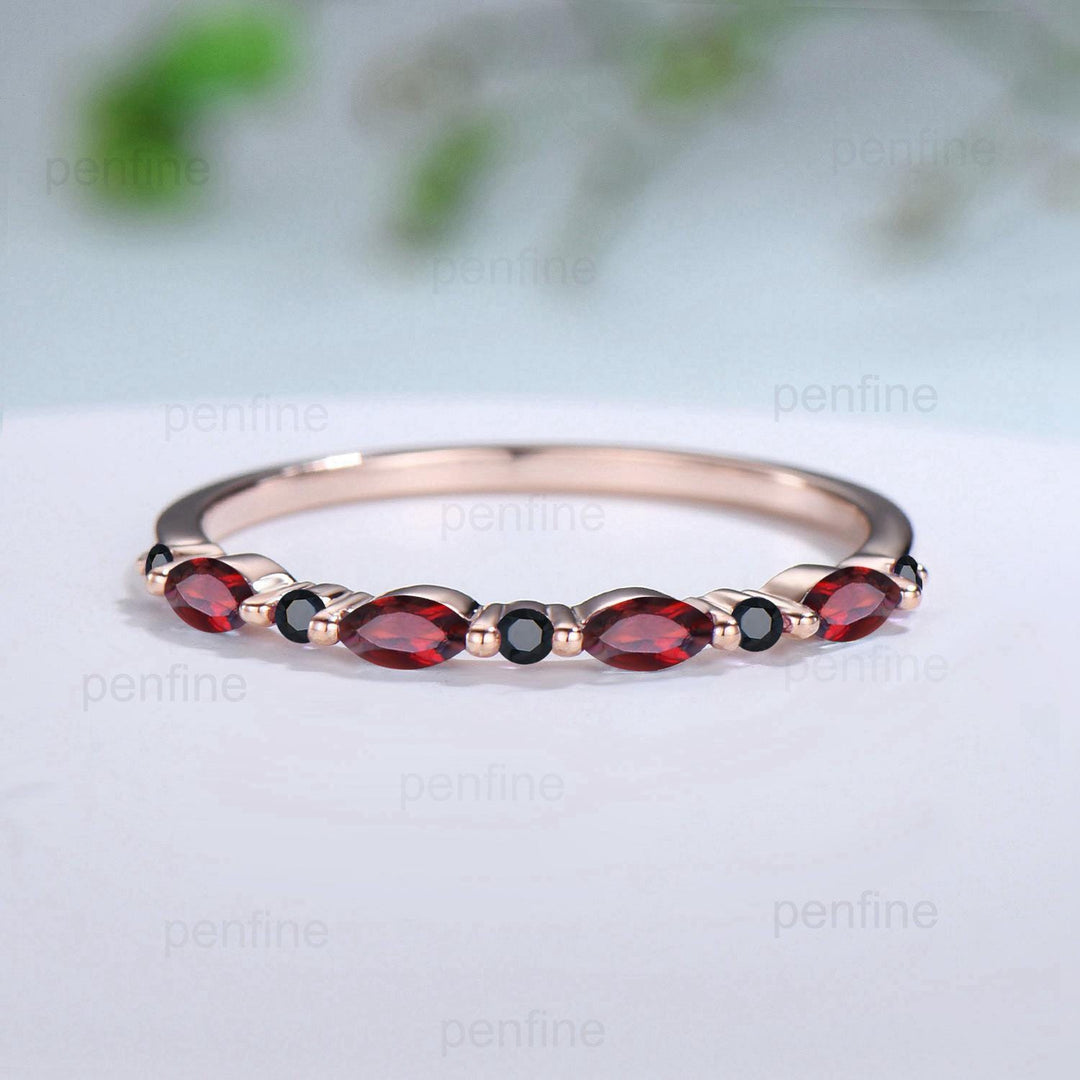 Garnet Black Spinel Eternity Wedding Band, Rose Gold Art Deco Anniversary Ring - PENFINE