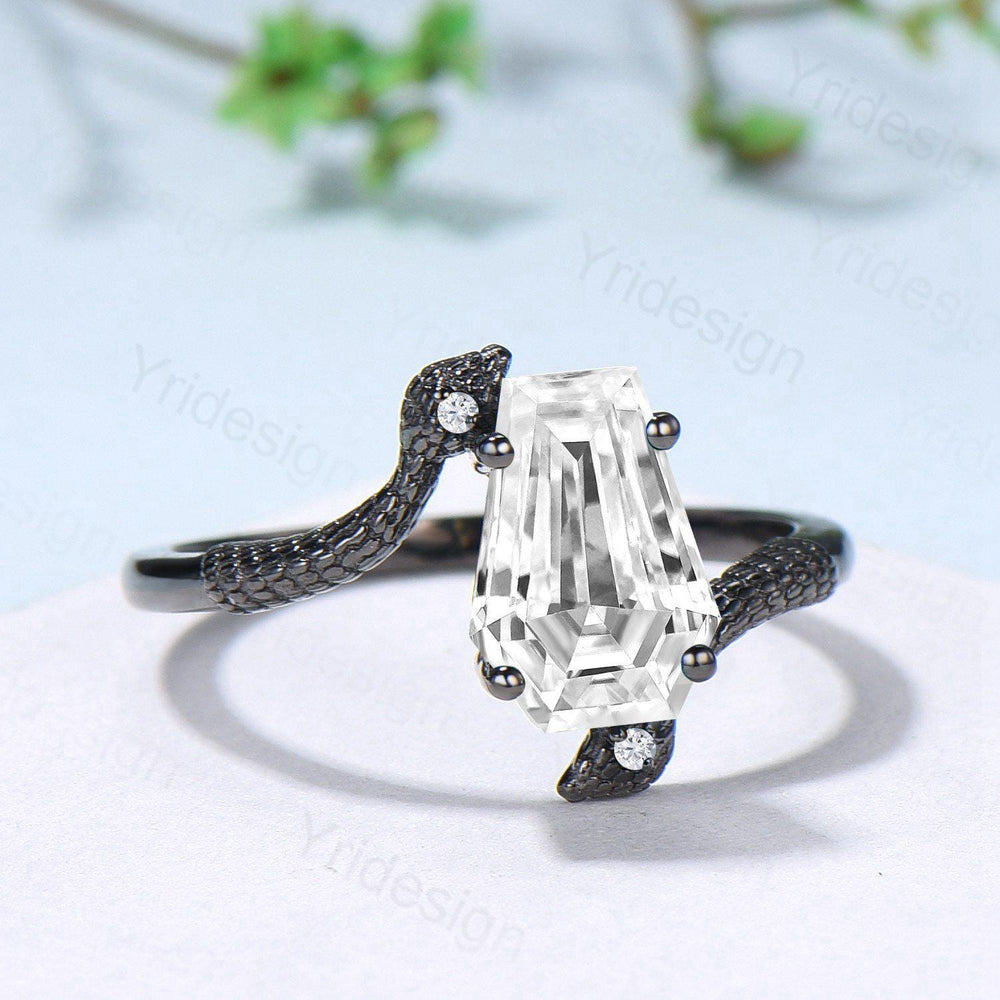 Coffin Cut Moissanite Snake Ring Gothic Black Gold Engagement Ring, Three Stone - PENFINE