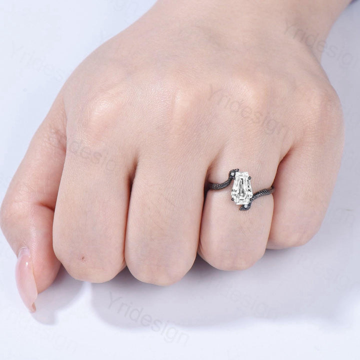 Coffin Cut Moissanite Snake Ring Gothic Black Gold Engagement Ring, Three Stone - PENFINE