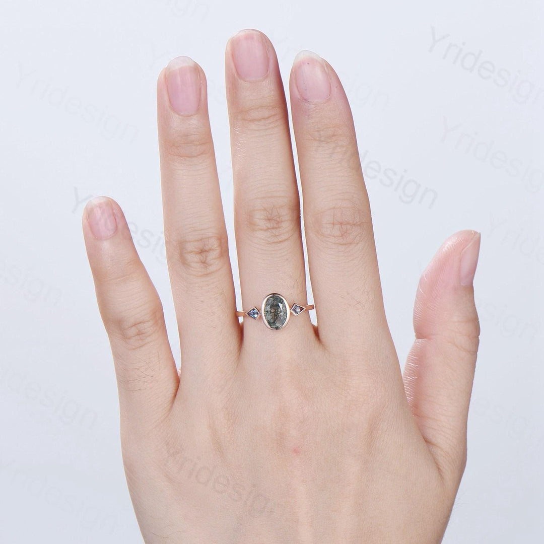 Oval Moss Agate Engagement Ring, Kite Alexandrite Accent, Bezel Set - PENFINE