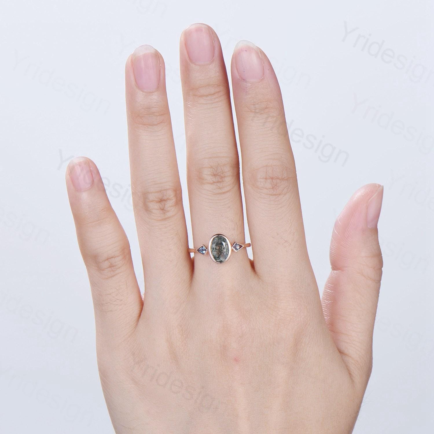 Oval Moss Agate Engagement Ring, Kite Alexandrite Accent, Bezel Set - PENFINE