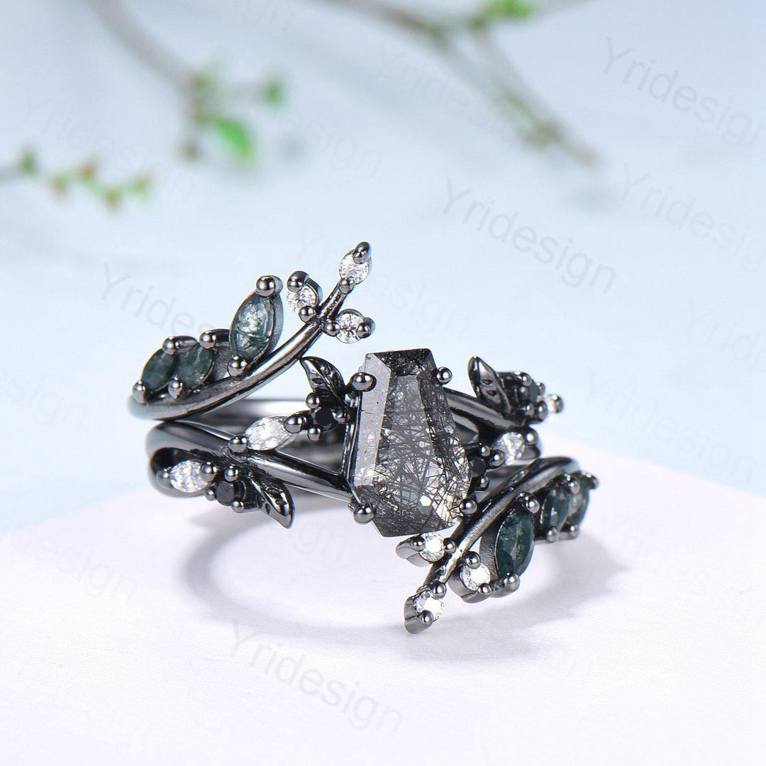 Gothic coffin cut black rutilated quartz engagement ring set black gold cluster engagement ring leaf vine nature inspired agate wedding set - PENFINE