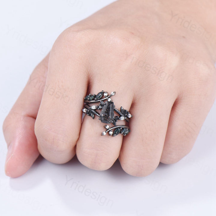 Gothic coffin cut black rutilated quartz engagement ring set black gold cluster engagement ring leaf vine nature inspired agate wedding set - PENFINE
