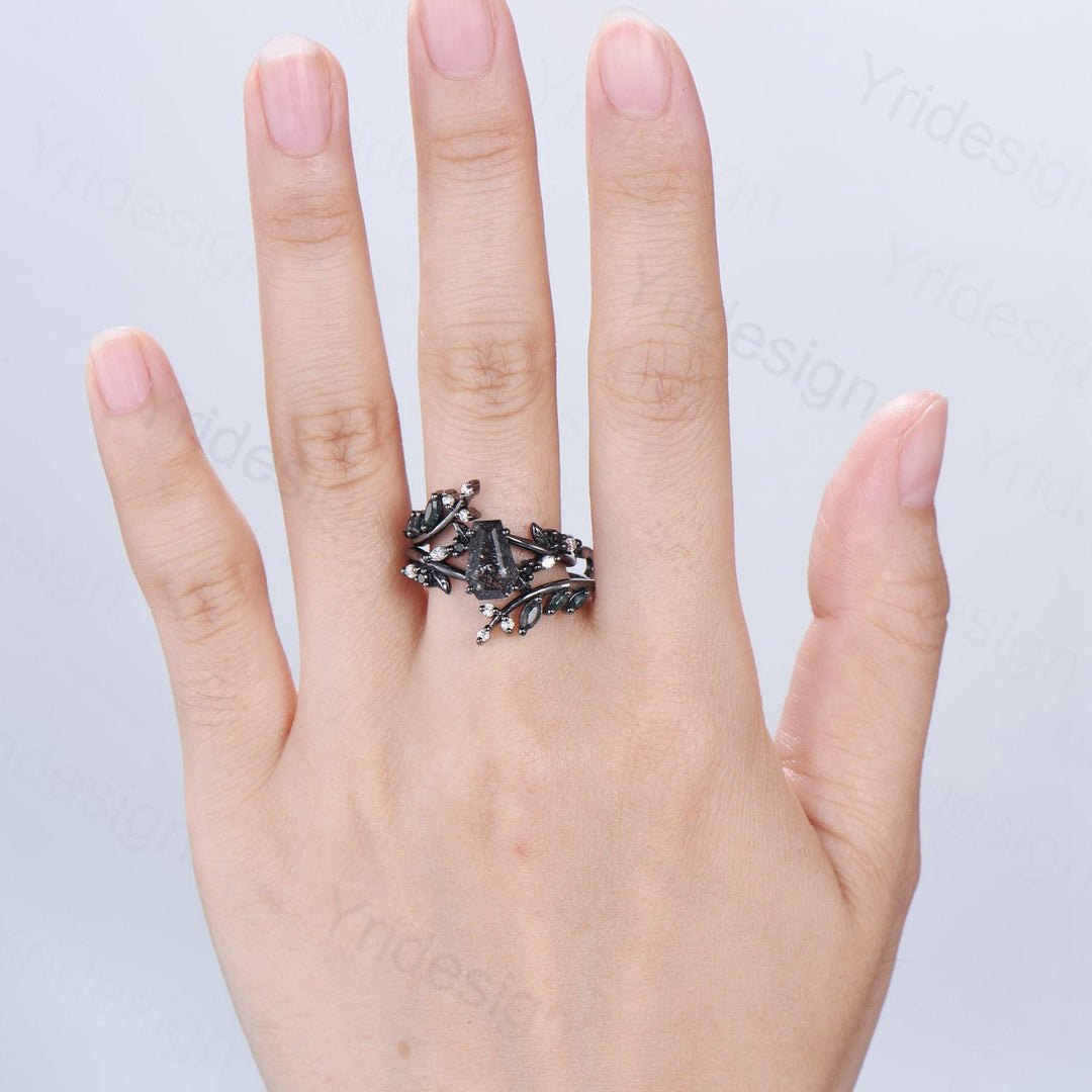 Gothic coffin cut black rutilated quartz engagement ring set black gold cluster engagement ring leaf vine nature inspired agate wedding set - PENFINE