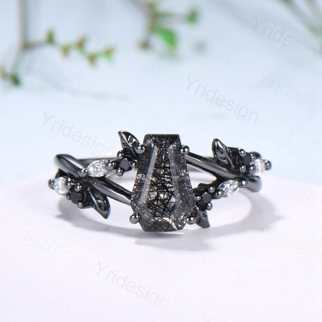 Gothic coffin cut black rutilated quartz engagement ring set black gold cluster engagement ring leaf vine nature inspired agate wedding set - PENFINE