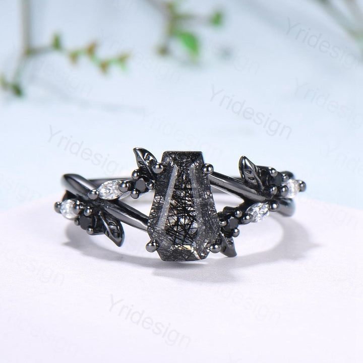 Gothic coffin cut black rutilated quartz engagement ring set black gold cluster engagement ring leaf vine nature inspired agate wedding set - PENFINE