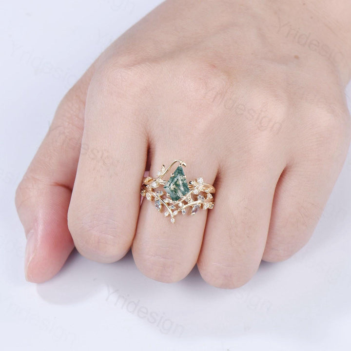 Willow Kite Cut Moss Agate Engagement Ring Set | Leaf Vine Alexandrite Bridal Set 2pcs - PENFINE