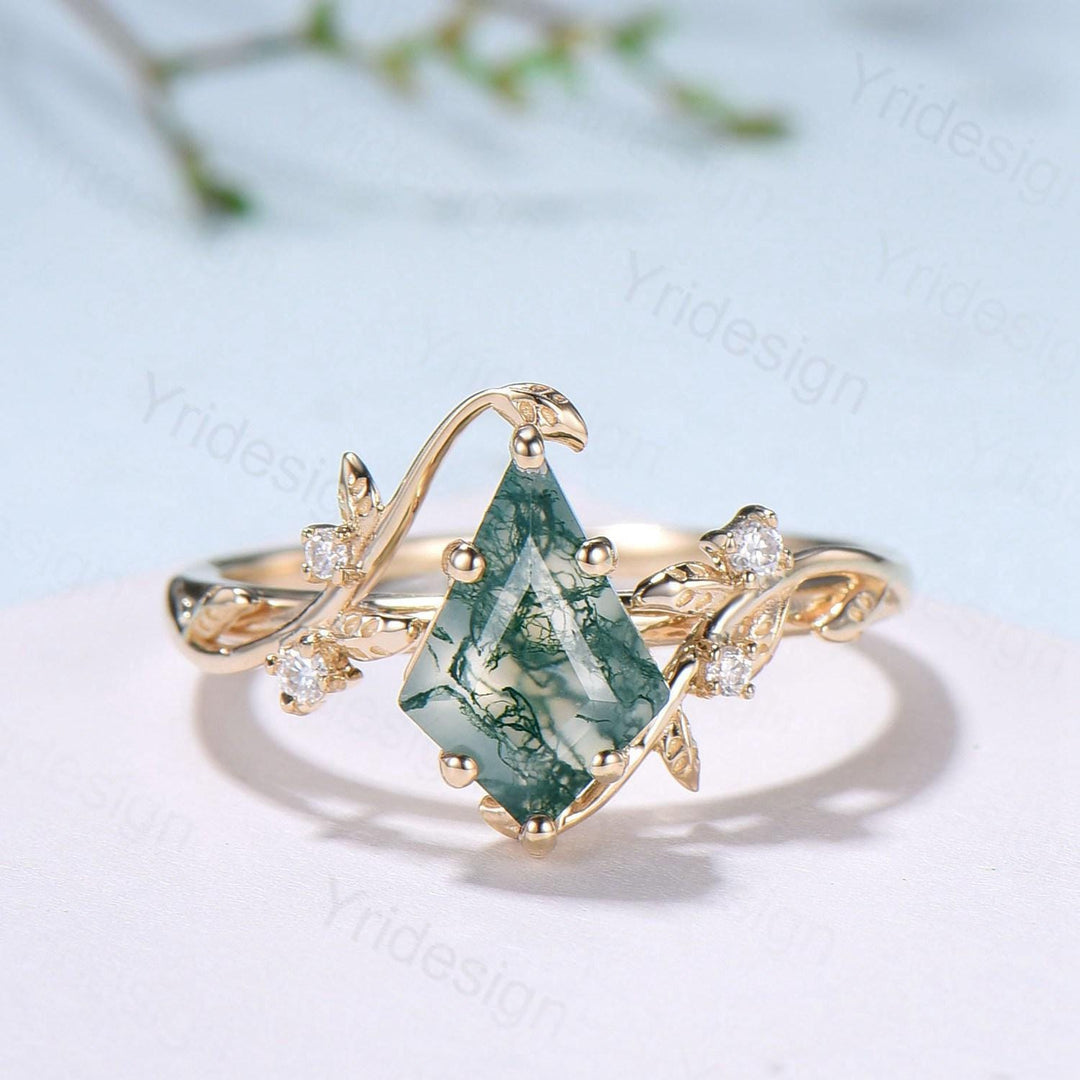 Willow Kite Cut Moss Agate Engagement Ring Set | Leaf Vine Alexandrite Bridal Set 2pcs - PENFINE