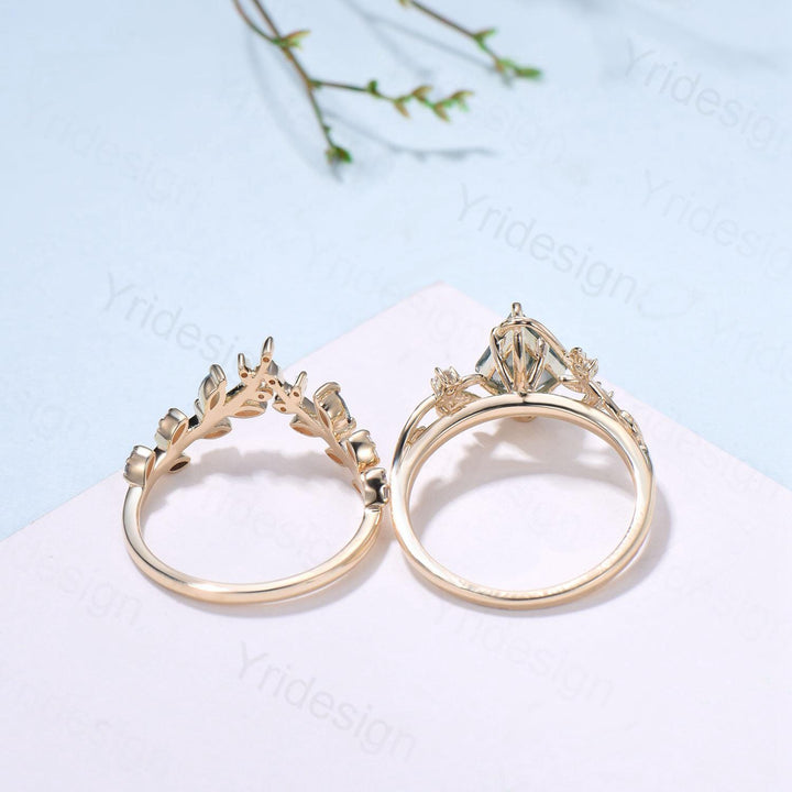 Willow Kite Cut Moss Agate Engagement Ring Set | Leaf Vine Alexandrite Bridal Set 2pcs - PENFINE