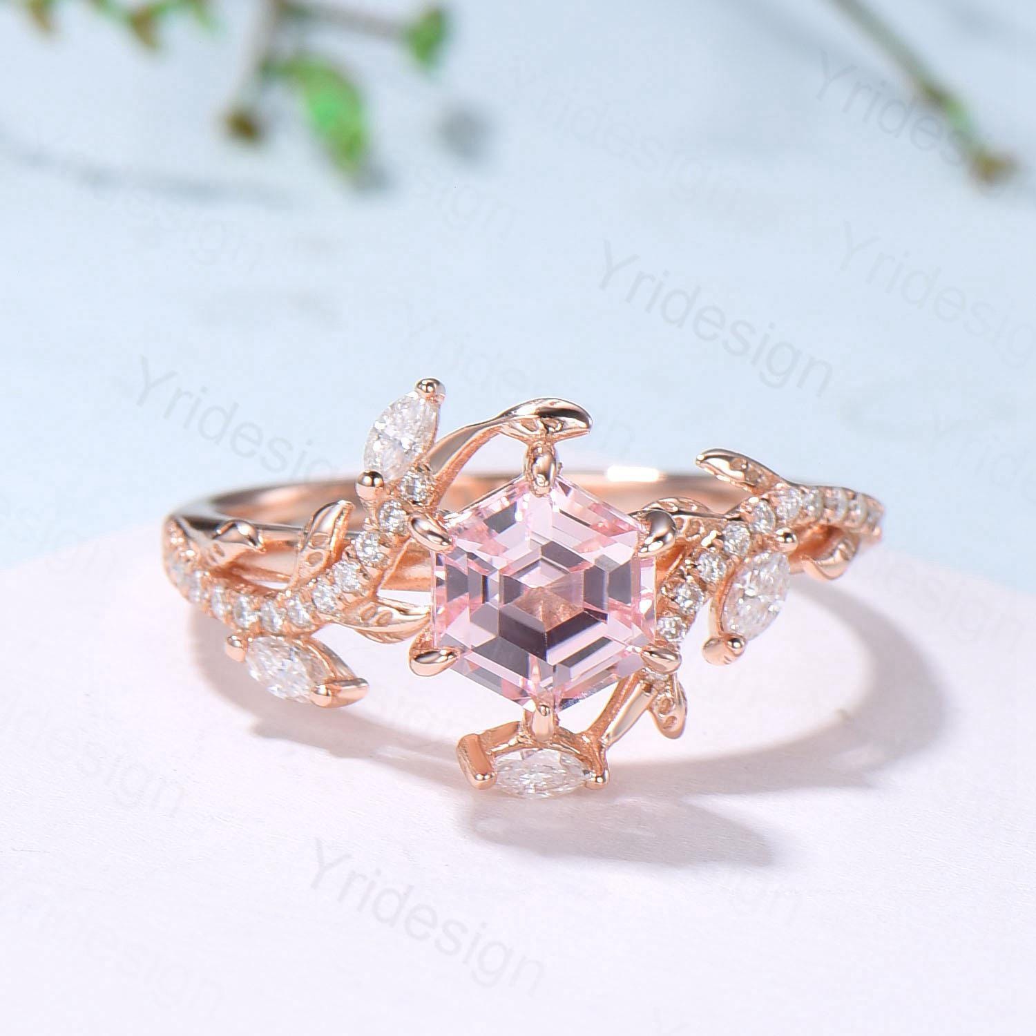 Leaf Vine Hexagon  Cut Pink Sapphire Engagement Ring, Twig Branch Nature Inspired Pink Gemstone Rose Gold Promise Ring - PENFINE