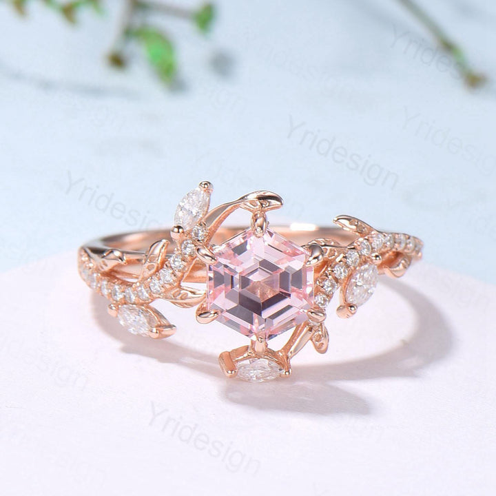 Leaf Vine Hexagon  Cut Pink Sapphire Engagement Ring, Twig Branch Nature Inspired Pink Gemstone Rose Gold Promise Ring - PENFINE