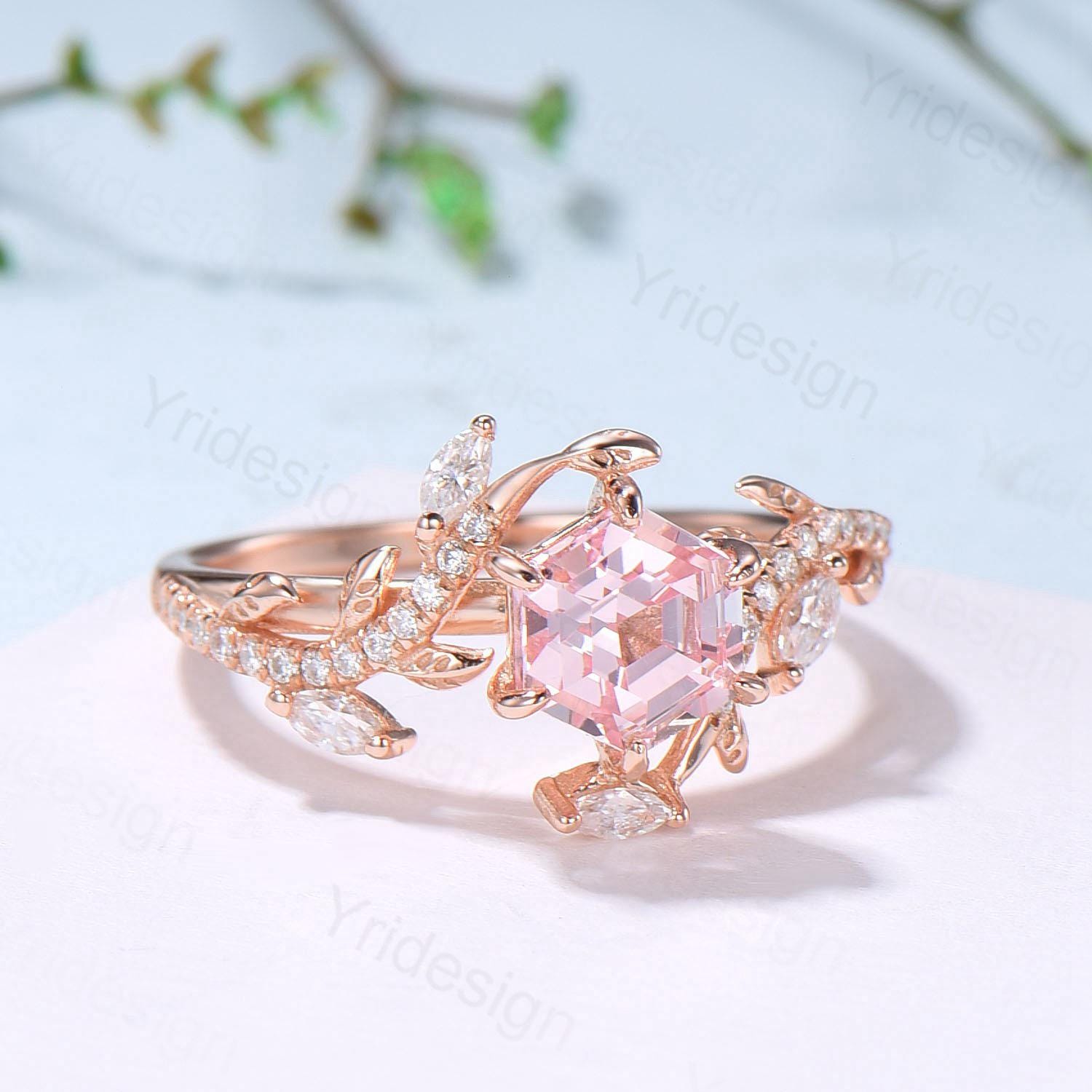 Leaf Vine Hexagon Cut Pink Sapphire Engagement Ring, Twig Branch
