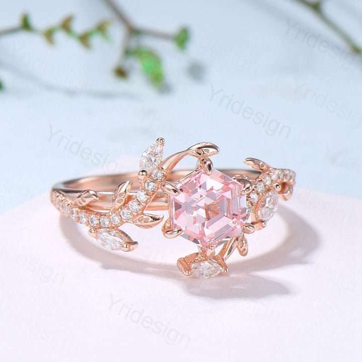 Leaf Vine Hexagon  Cut Pink Sapphire Engagement Ring, Twig Branch Nature Inspired Pink Gemstone Rose Gold Promise Ring - PENFINE
