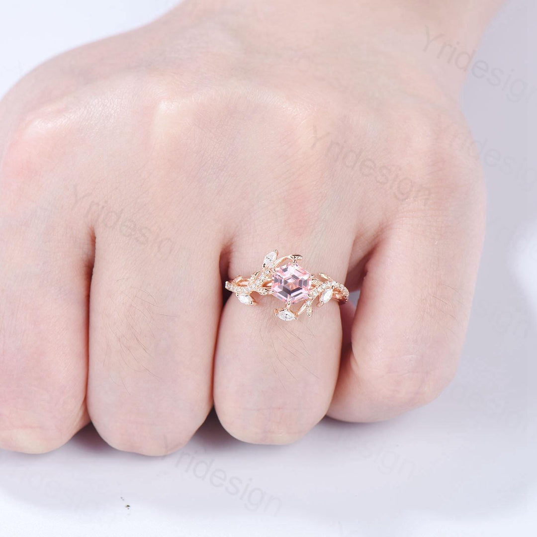 Leaf Vine Hexagon  Cut Pink Sapphire Engagement Ring, Twig Branch Nature Inspired Pink Gemstone Rose Gold Promise Ring - PENFINE