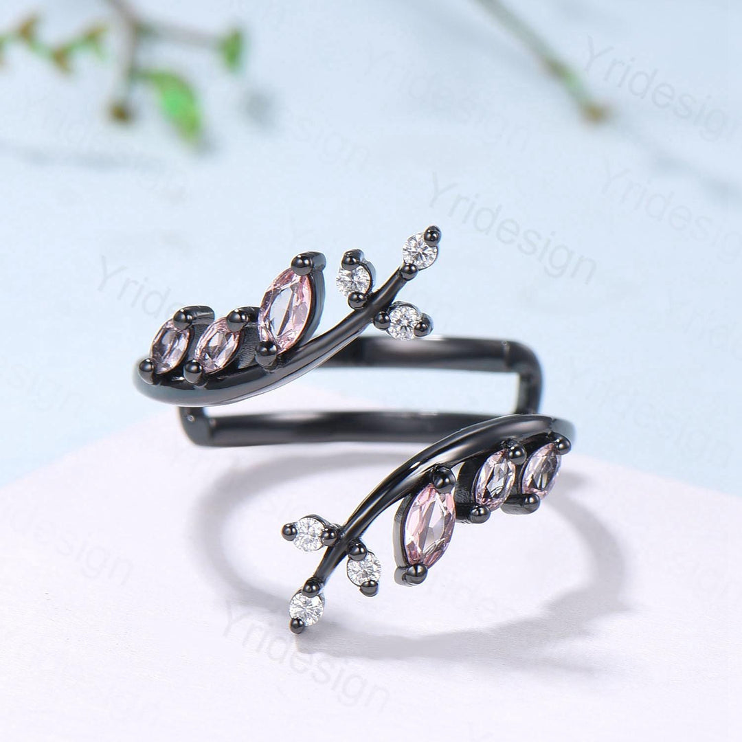 Black Gold Marquise Cut Pink Sapphire Enhancer Wedding Band, Nature Inspired Gothic Branch Ring - PENFINE