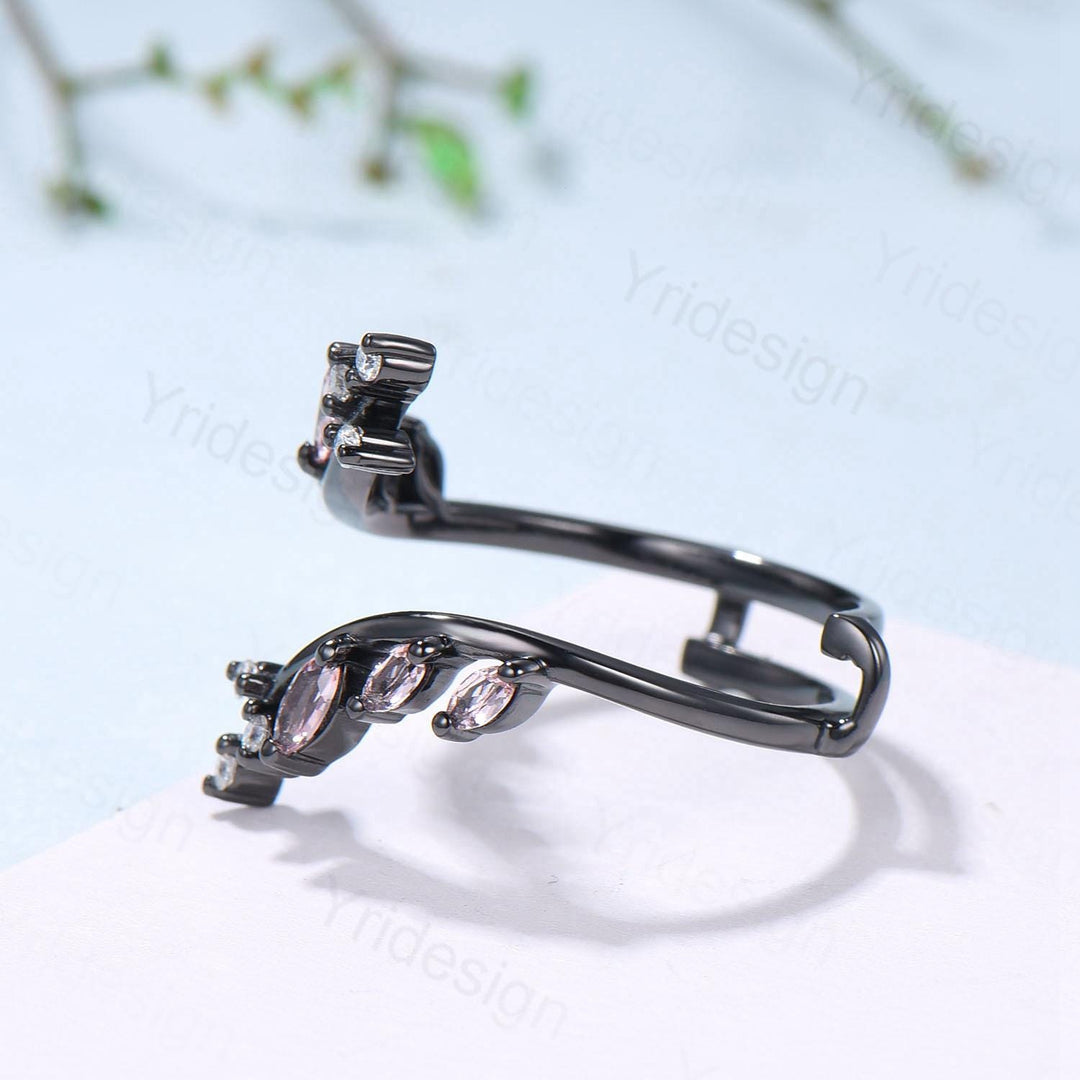 Black Gold Marquise Cut Pink Sapphire Enhancer Wedding Band, Nature Inspired Gothic Branch Ring - PENFINE